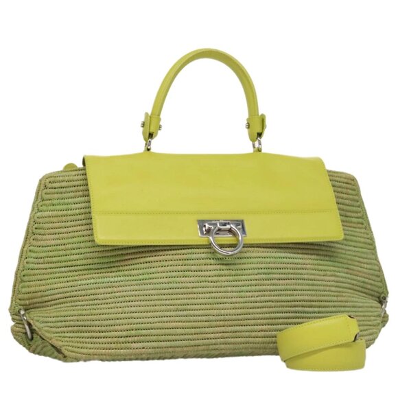 Salvatore Ferragamo Sofia Gancini Hand Bag Straw Leather 2way Green Auth 103207V - Picture 1 of 16
